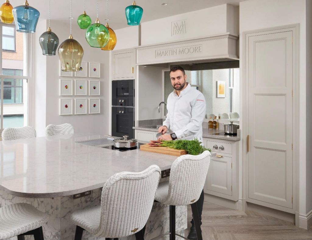 Chef Asimakis Chaniotis in the new Pied à Terre kitchen designed by Martin Moore