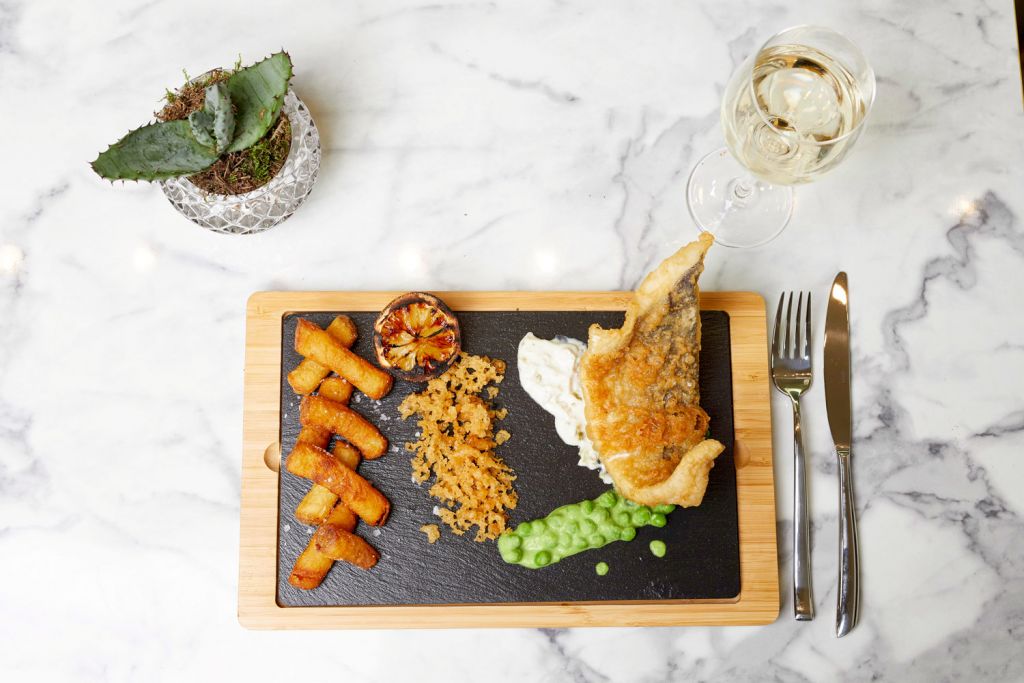 Fish and Chips at SW7 Brasserie & Bar in South Kensington, London.