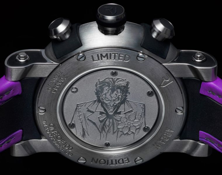 Rear case of RJ Joker watch showing engraving