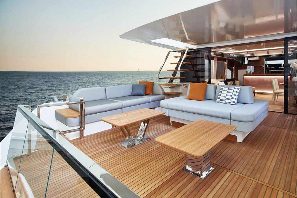 The lounge and deck on the Prestige X70