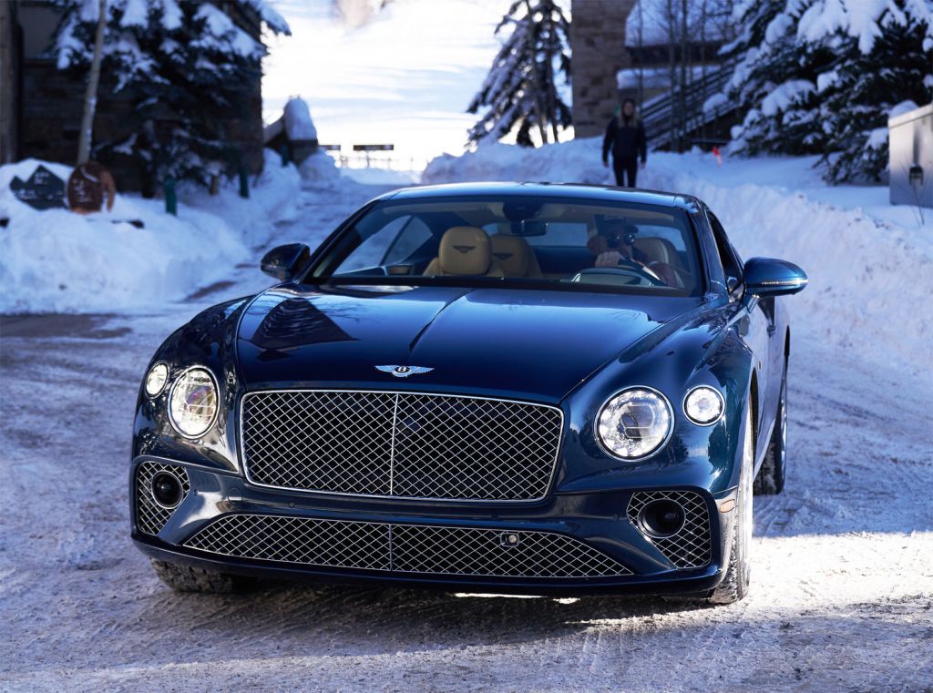 Bentley driving around in the snow