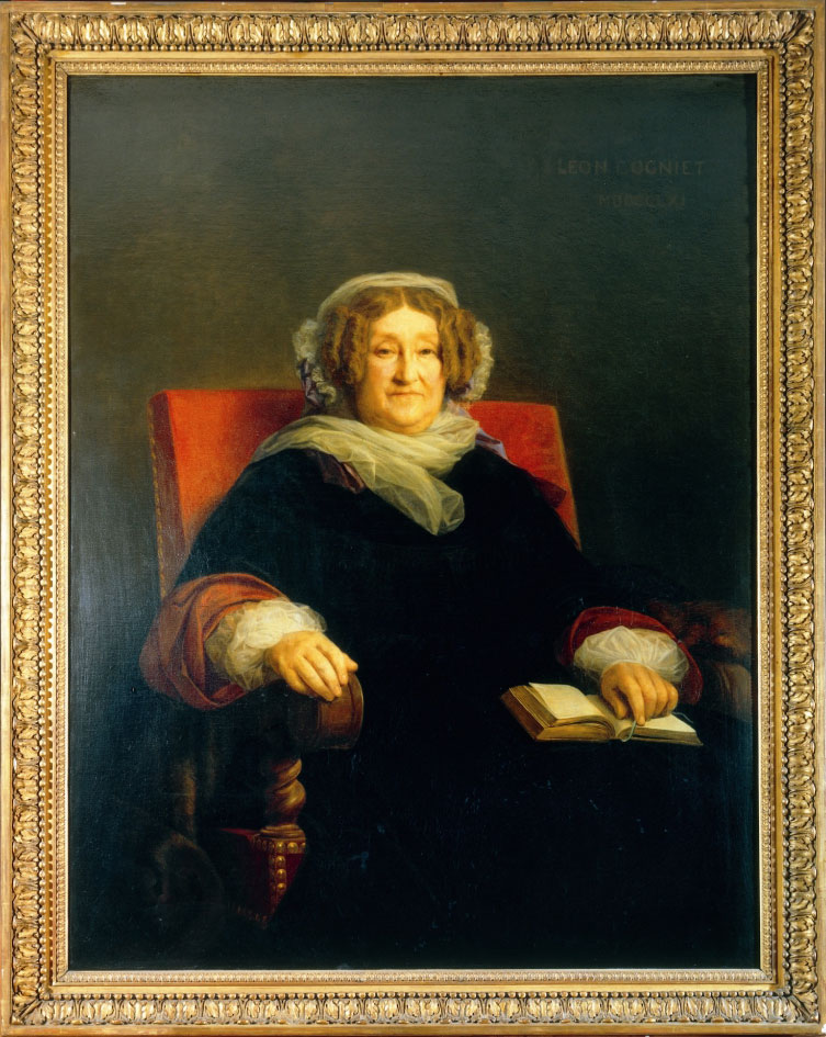 A portrait painting of Barbe-Nicole Ponsardin in an ornate gold frame