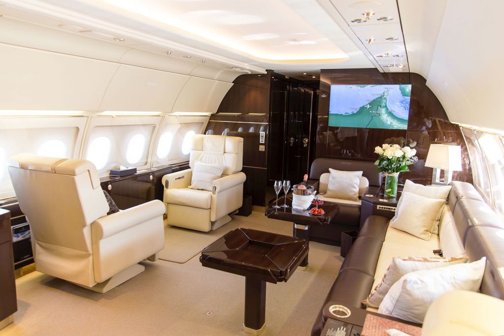 The interior of a luxury private jet