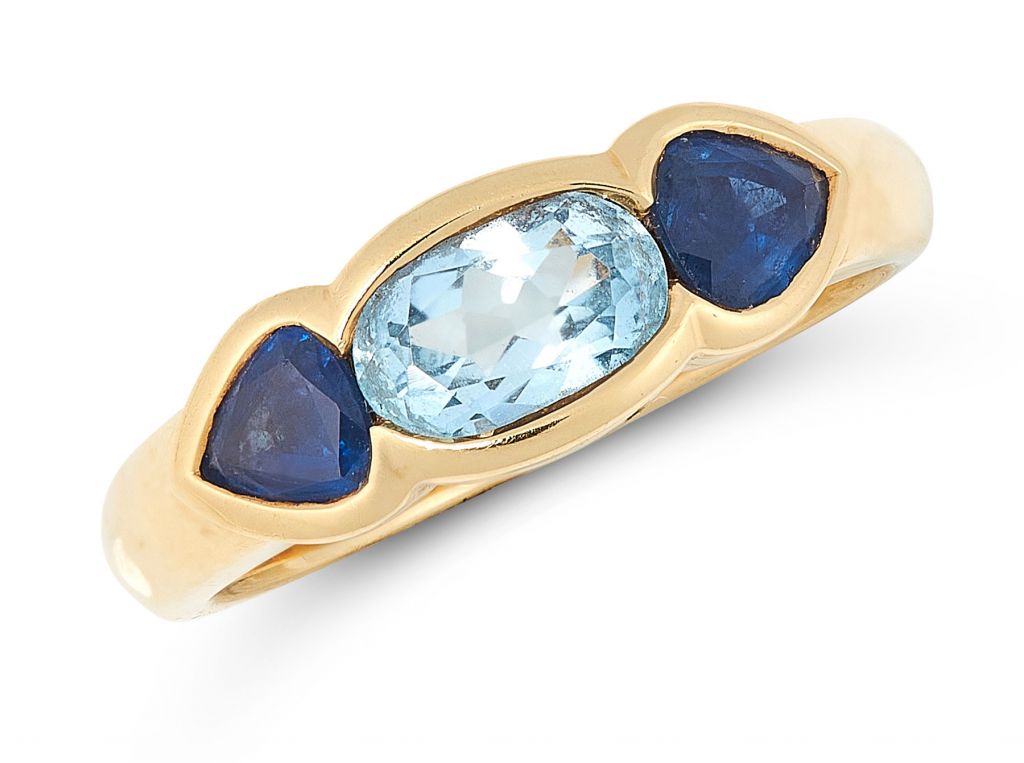 Aquamarine and sapphire dress ring sold by Elmwoods in aid of National Emergencies Trust