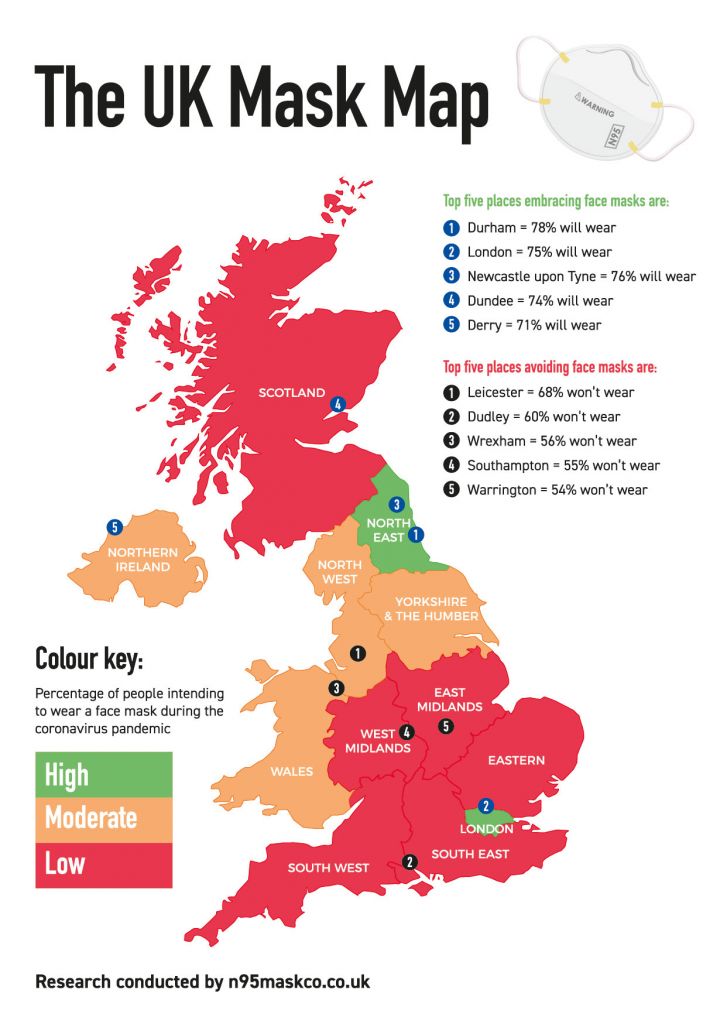 Areas of the UK embracing face mask wearing