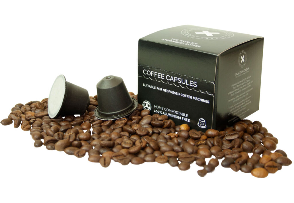 Box of Black Insomnia Compostable Coffee Pods with beans