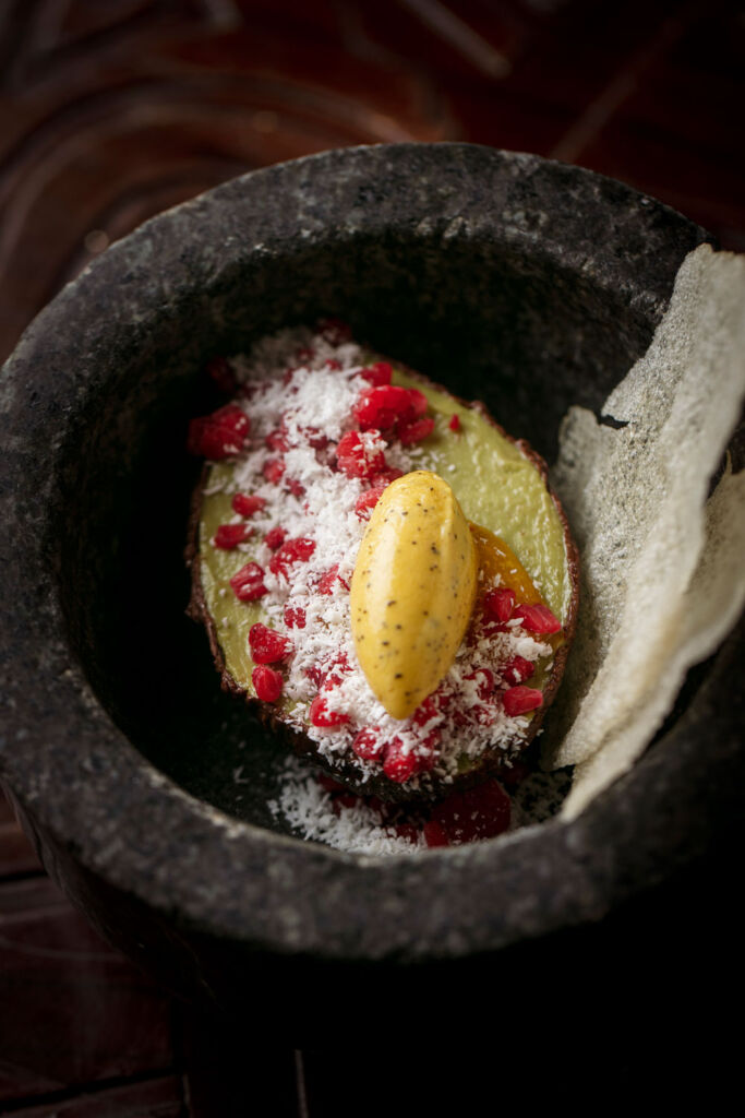 Avocado Mousse, Coconut, Passion Fruit Sorbet, Rice Crackers by Sanjay Dwivedi from COYA