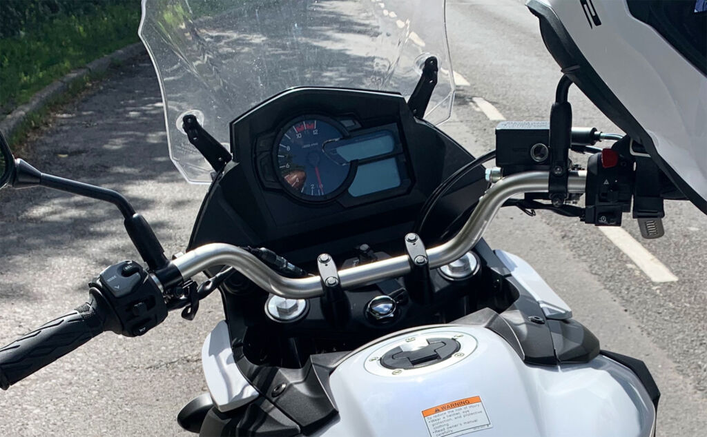 The instrument cluster and handlebars on the Vstorm