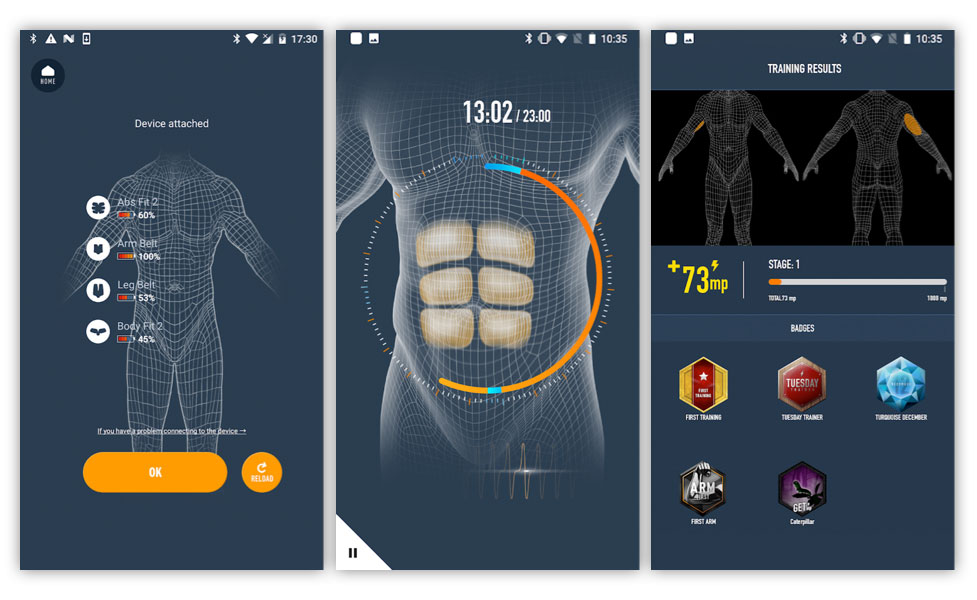 The SIXPAD Abs Belt app screens