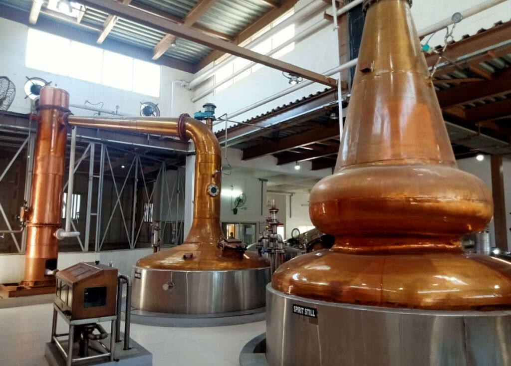The copper casks inside the Rampur Distillery