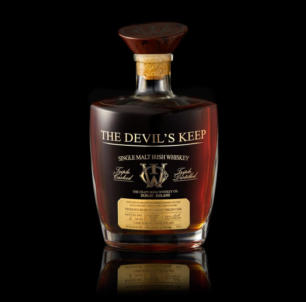 A bottle of Devil's Keep Irish Whiskey