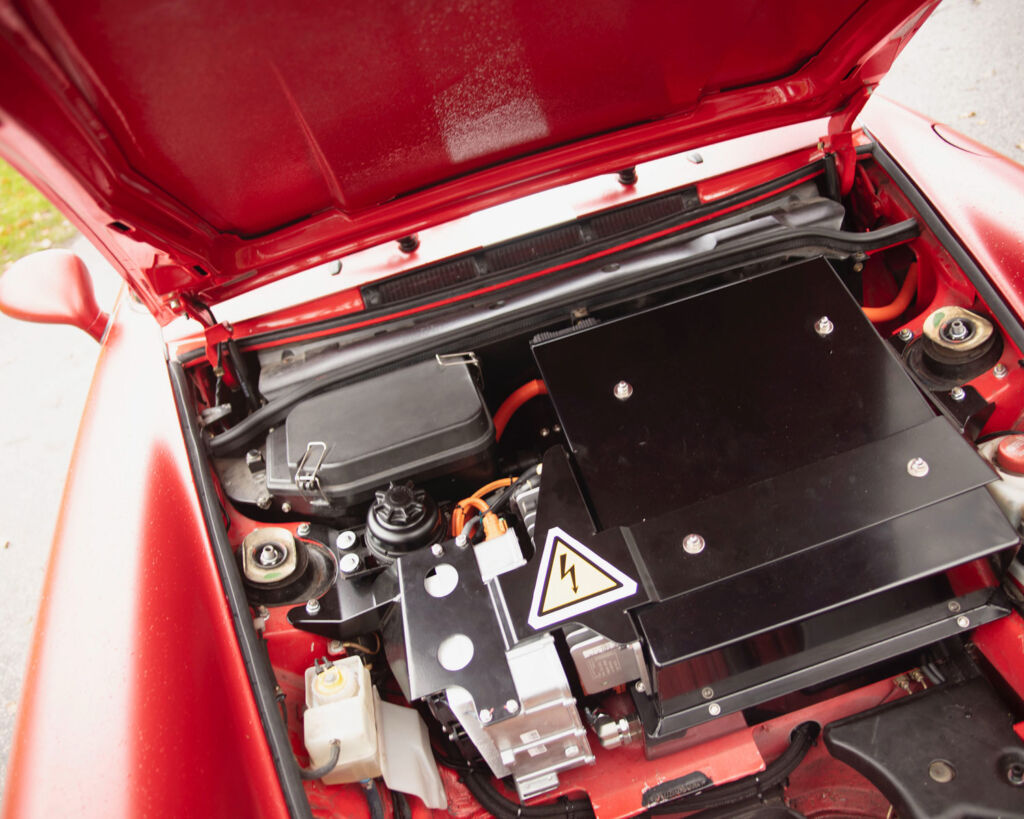 An electric engine under the bonnet of a classic car