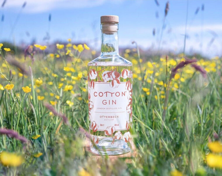 Bottle of Otterbeck Cotton Gin in a wildflower meadow