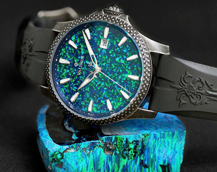 One of the Valimor watches with a predominantly green dial