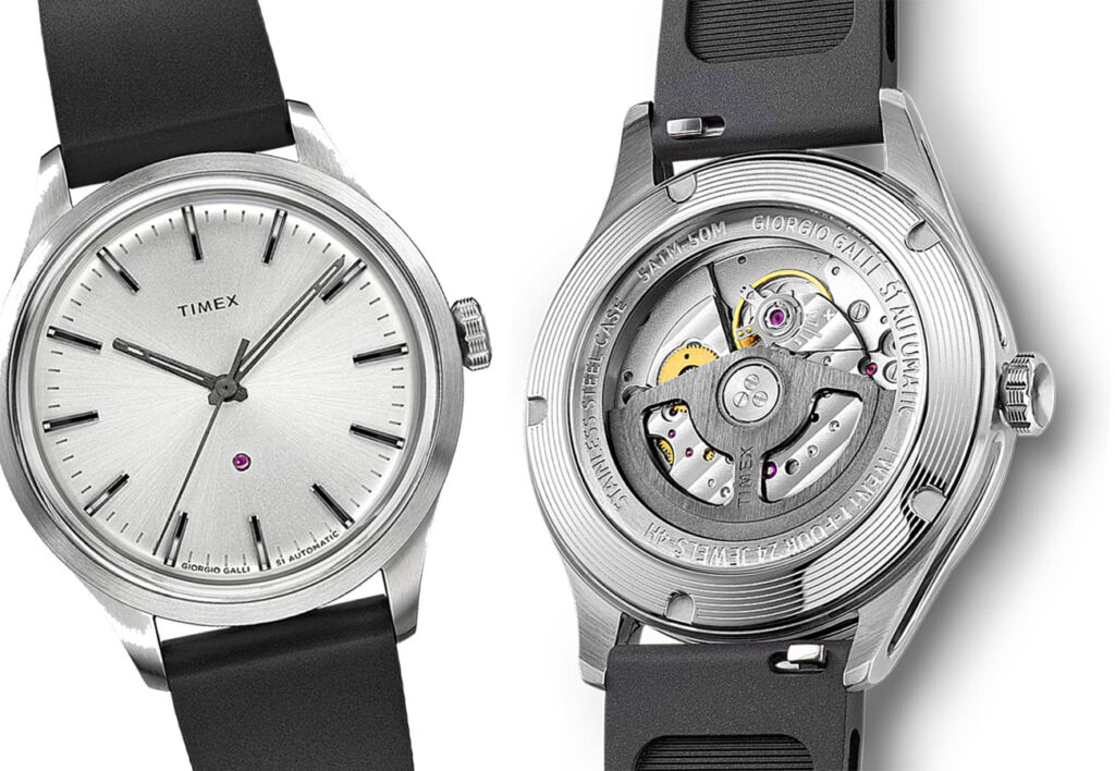 The silver dial version of the watch also showing the clear caseback to observe the movement