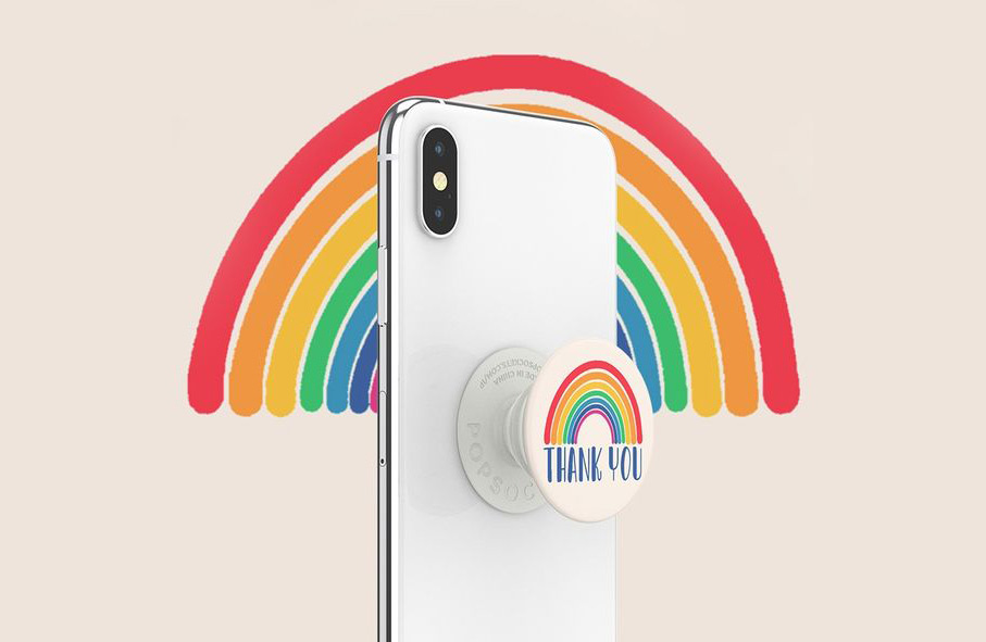 A PopSocket with the words Thank You and a rainbow