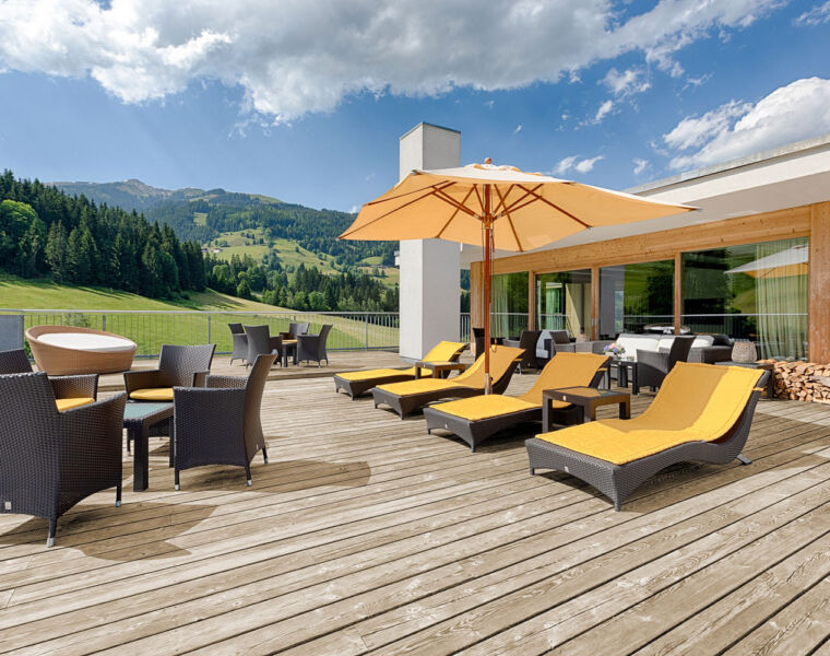 One of the Penthouse Suite terraces at the Kempinski Hotel Das Tirol which offers astonishing views