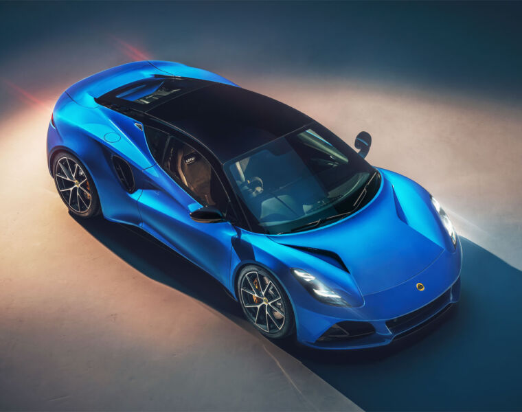 Aerial view of the Lotus Emira in blue