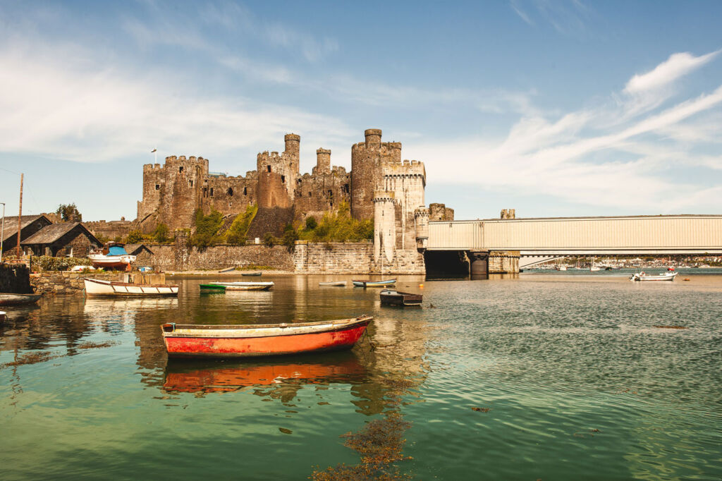 A view of Conwy Castle from a boat on the river