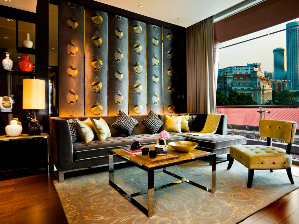 A living room in one of the Fullerton Bay Hotel suites in Singapore