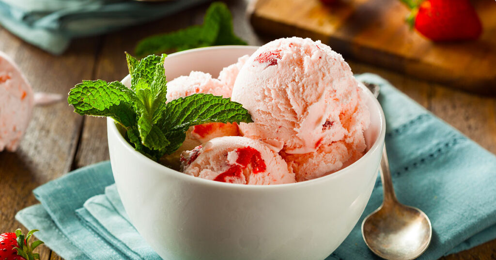 A bowl of homegrown strawberry ice cream