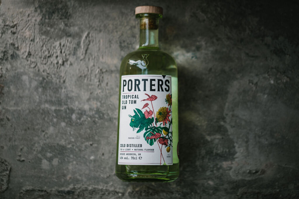 A bottle of Porters Tropical Old Tom Gin