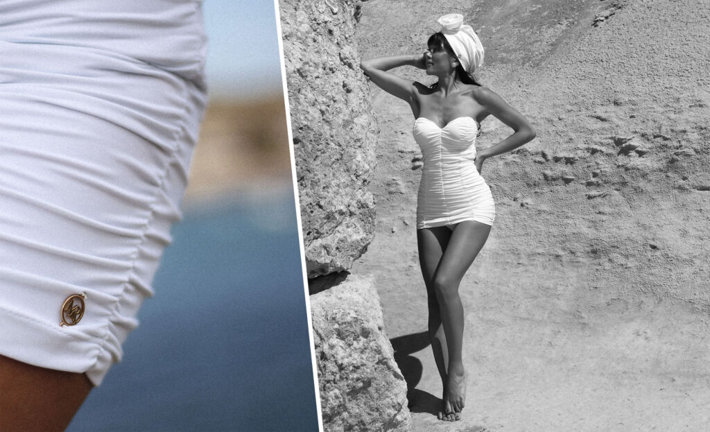 The brand's white Vivian Ruched Swim dress being worn on a beach