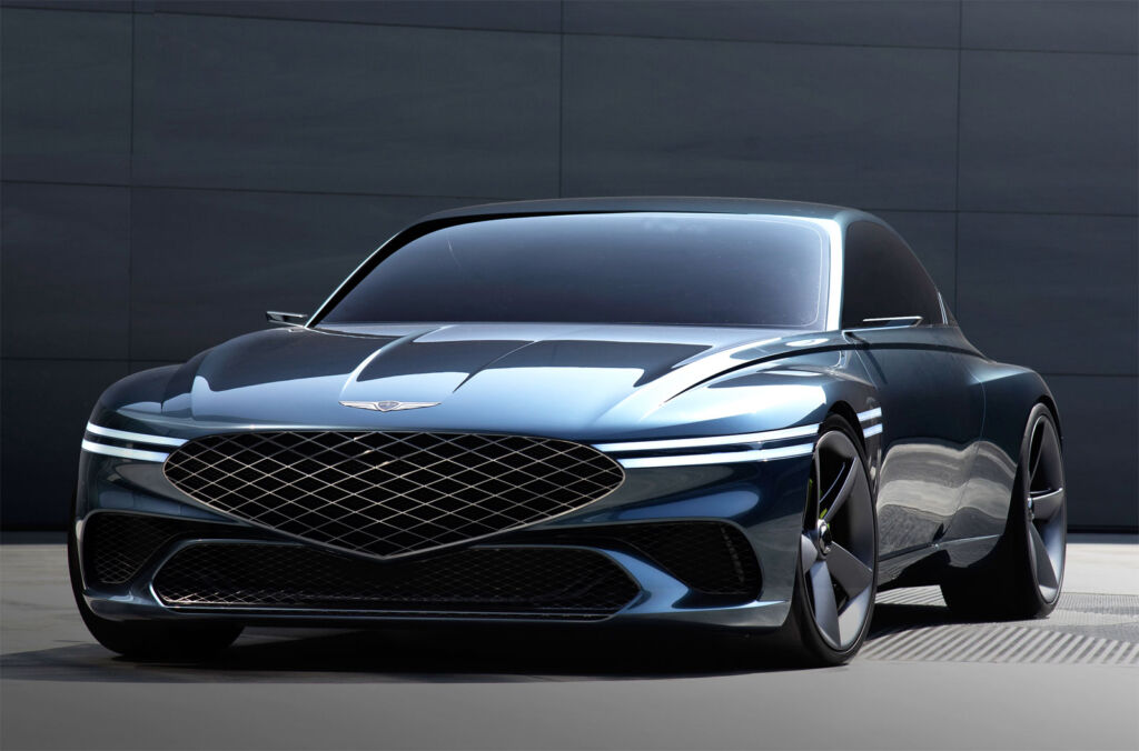A frontal view of the Genesis X Concept Car showing its low wide stance