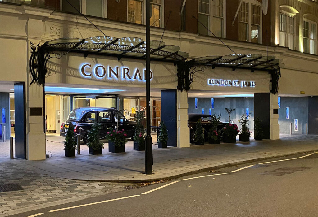 The entrance to the Conrad Hotel in London St James