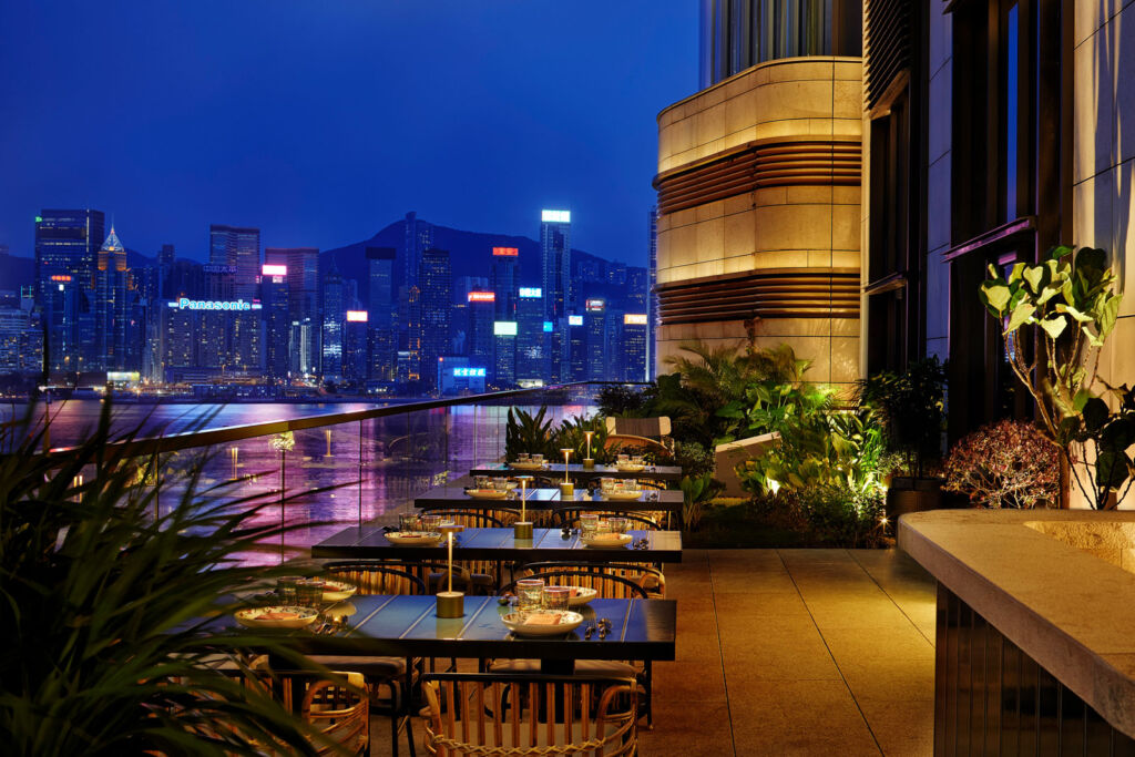 The restaurant also has an outdoor terrace offering spectacular views over Hong Kong harbour
