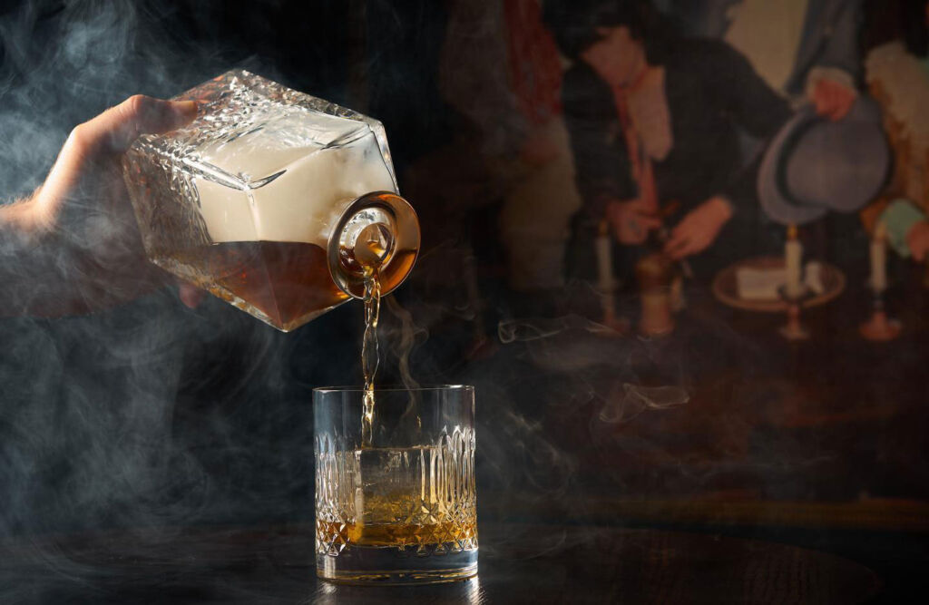 The Toasted Sesame Smoked Old Fashioned cocktail being poured