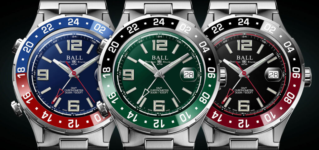 Images showing the three colour variations, all on watches with a metal bracelet