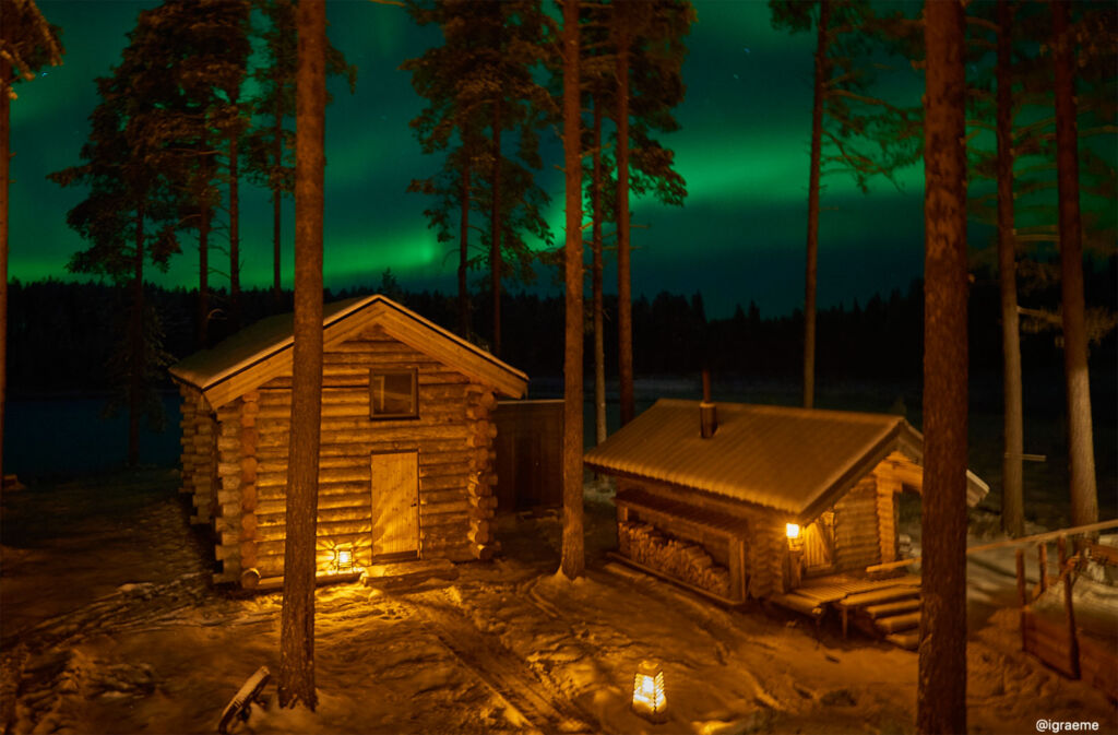 One of the amazing log cabins on the Reconnect Under the Aurora experience