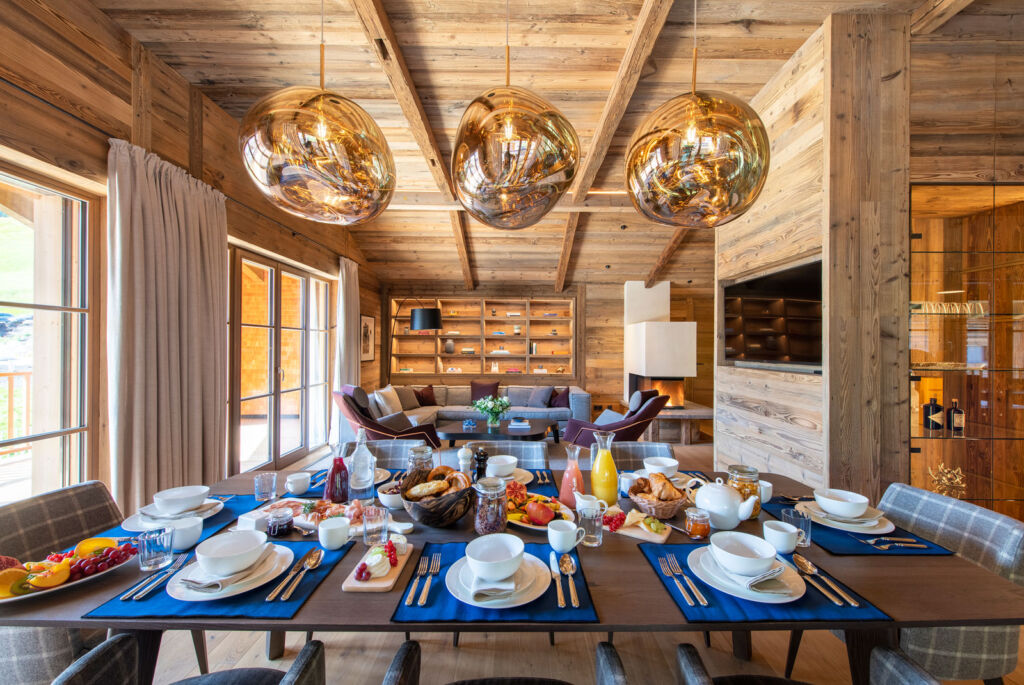 A look inside the living room in a Bramble Ski luxury chalet in Lech