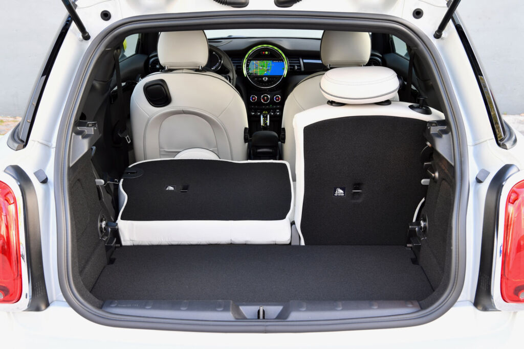 A view inside the rear of the Mini with one of the back seats folded
