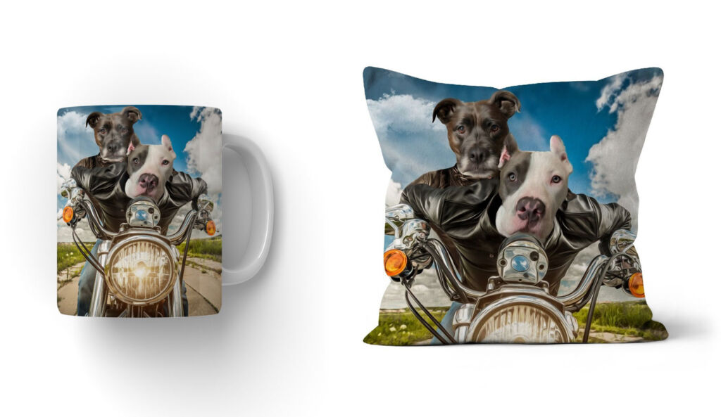 A Paw and Glory cup and a cushion with animal portraits on