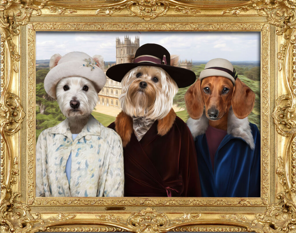 The dogs in in period clothing in an ornate frame