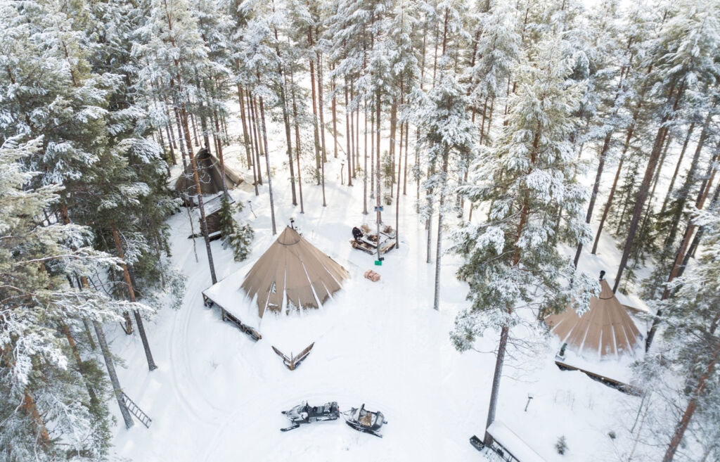 Lavuu's seen from above in a snowy forest
