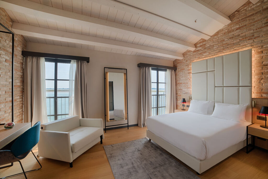 Inside one of the hotel's luxury bedroom suites with view over the lagoon