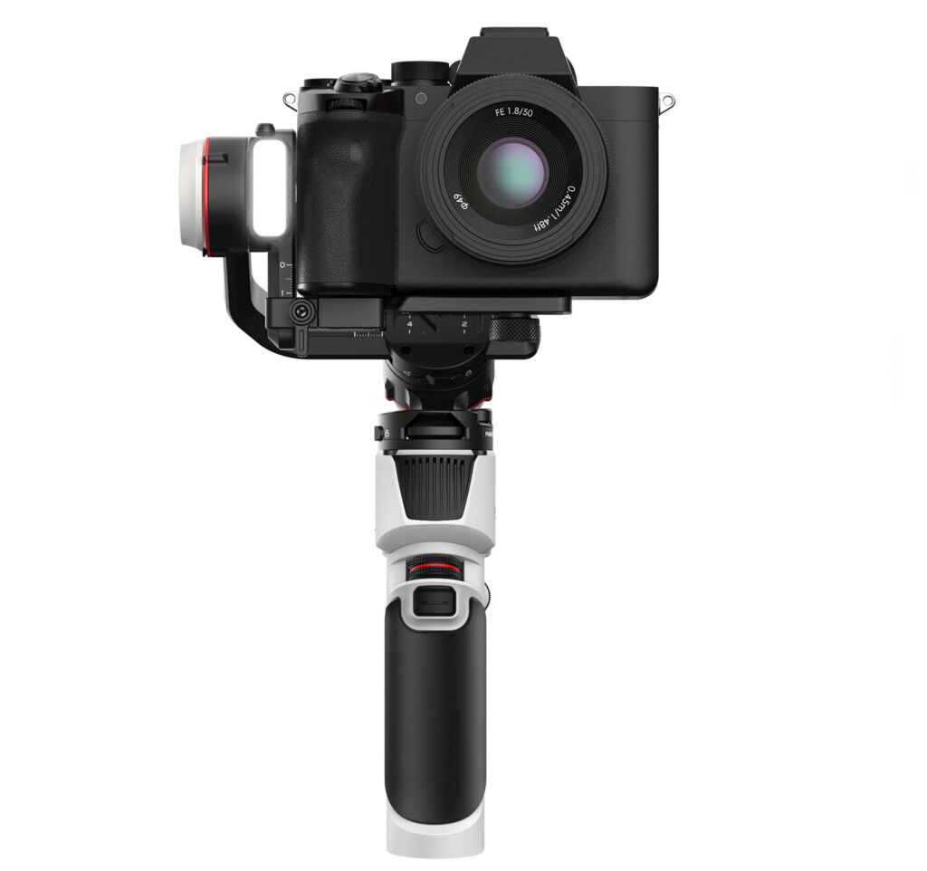 A frontal view of the gimbal with its LED light on