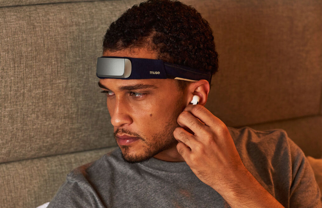 A man wering the Muse S Gen 2 Brain Sensing Headband