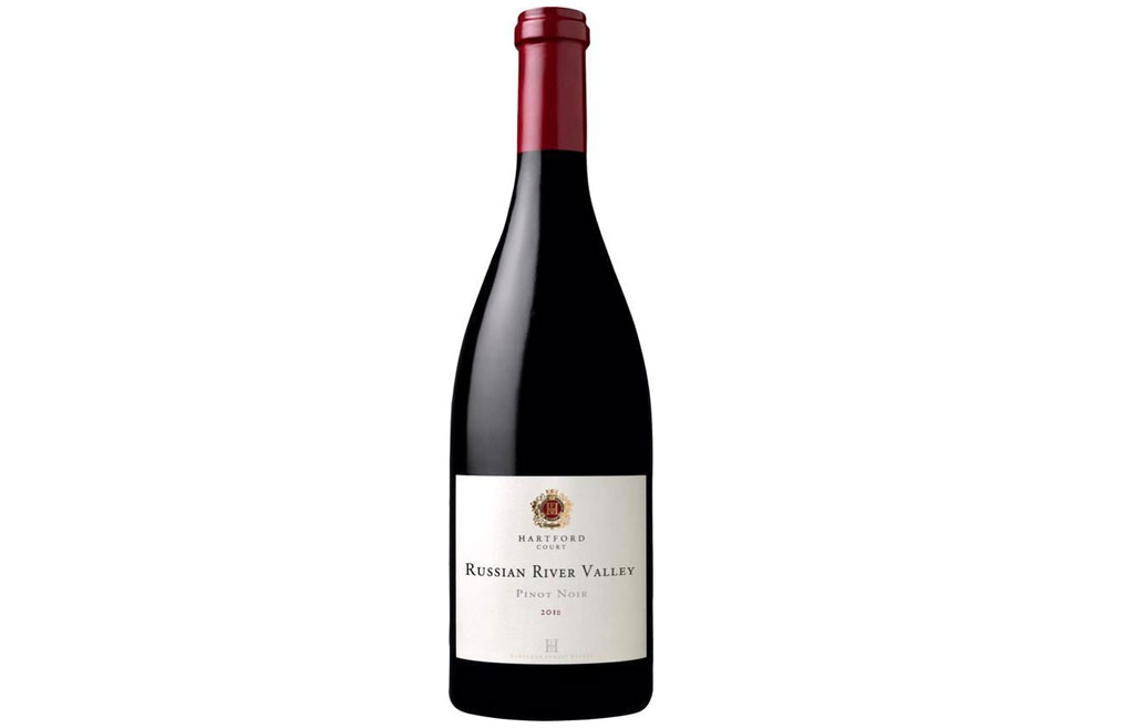 A bottle of Hartford Court Russian River Pinot Noir, California, 2018 on a white background