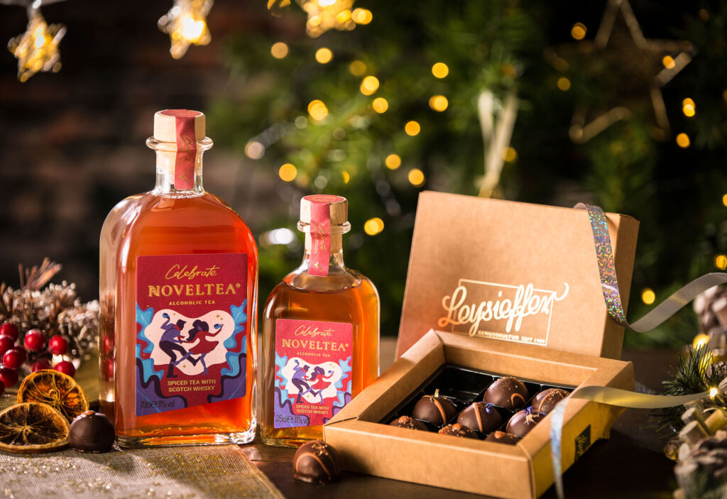 The NOVELTEA Celebrate festive pack with some chocolates