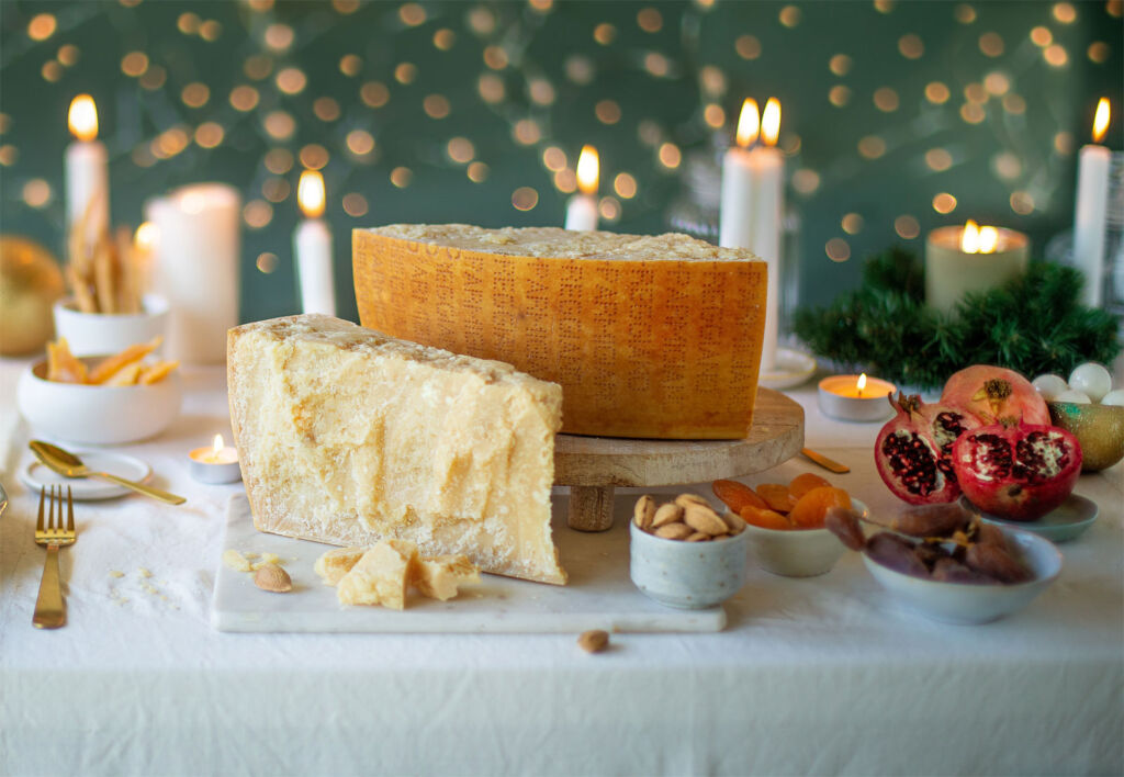 Parmigiano Reggiano ready to eat on a festive decorated table