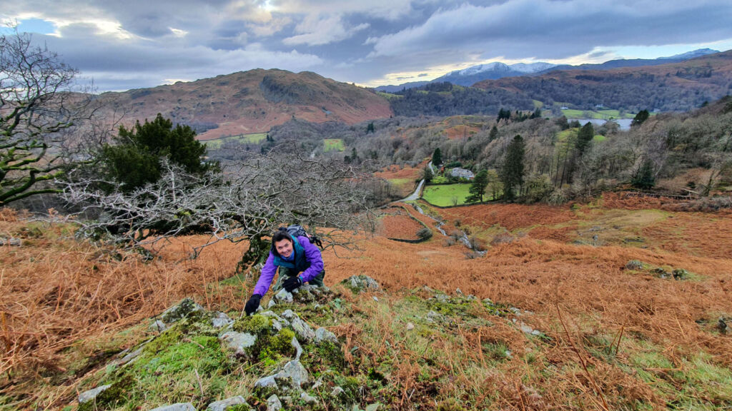 Paul climbing an unmarked rocky hill in the Lake District