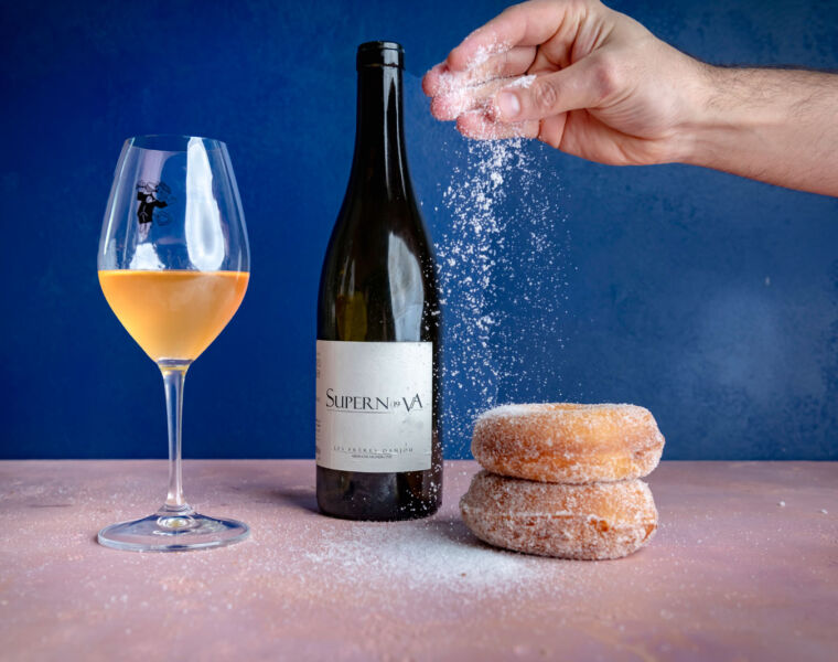 Wine and a freshly made donut at Baker & The Bottleman