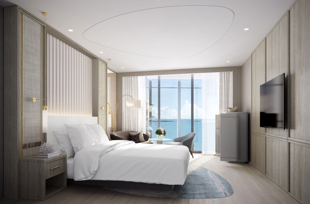 An rendering of the inside of one of the hotels bedrooms