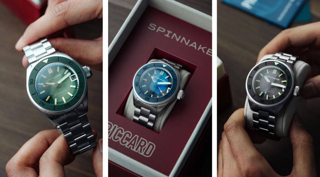 An image showing the three bezel and dial colours, which is green, blue and black