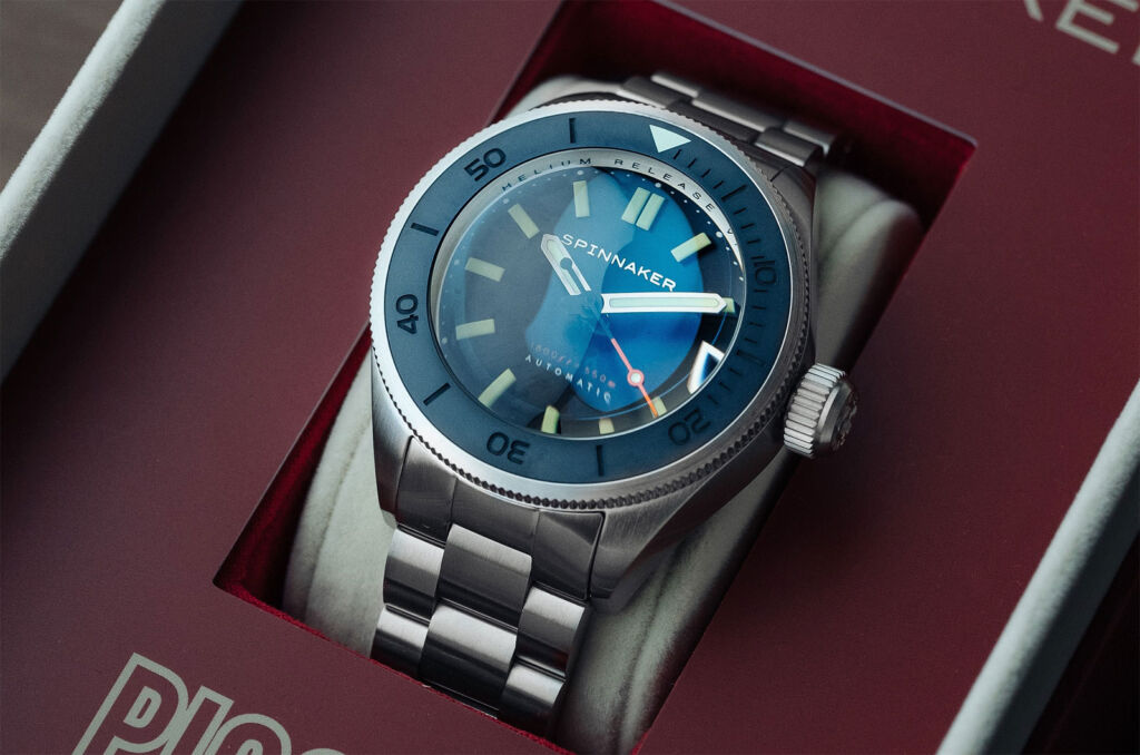 A blue dialled version of the timepiece in its box