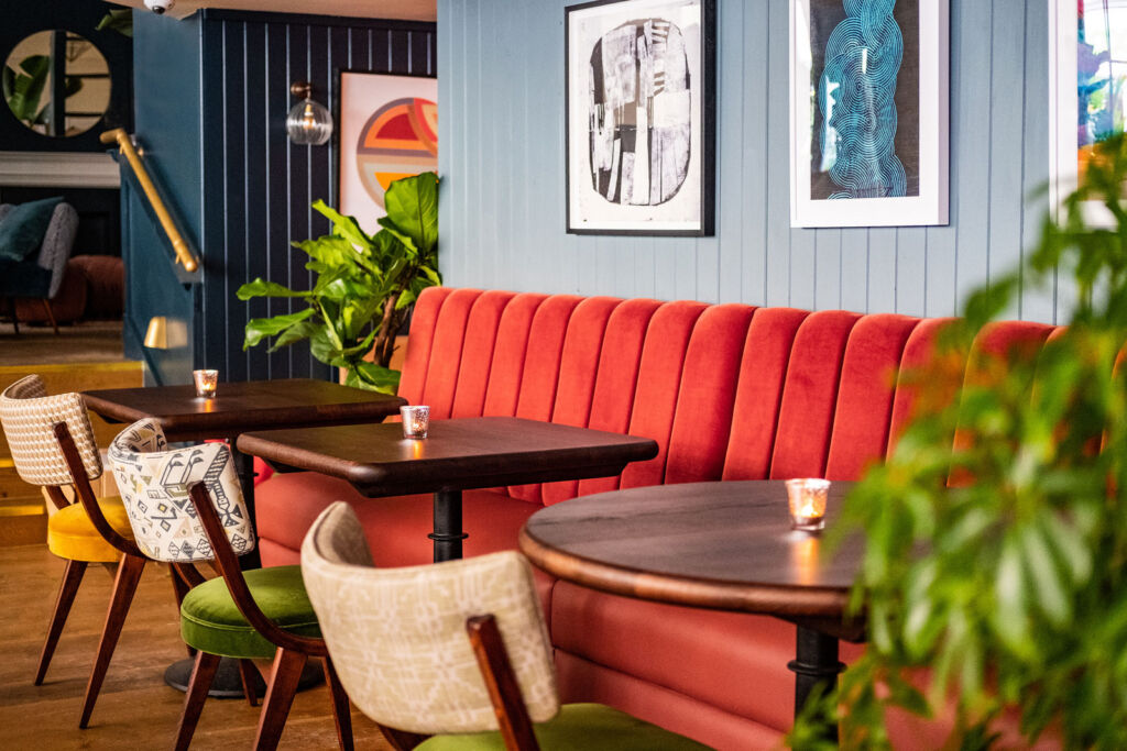 The restaurant boasts many comfortable seating areas where you can work, eat or socialise